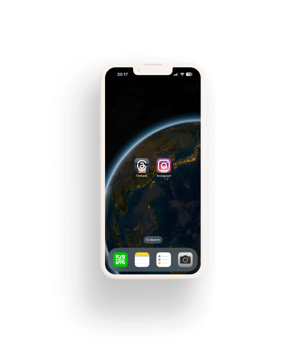 An iPhone home screen displaying a Screen Time widget showing 10 hours and 47 minutes of usage for the day, with app usage bars below. The calendar widget shows no more events today and upcoming events for tomorrow. Several app folders, Mail, Figma, Music, and Babbel icons are visible on the home screen, with a space background of Earth at night.