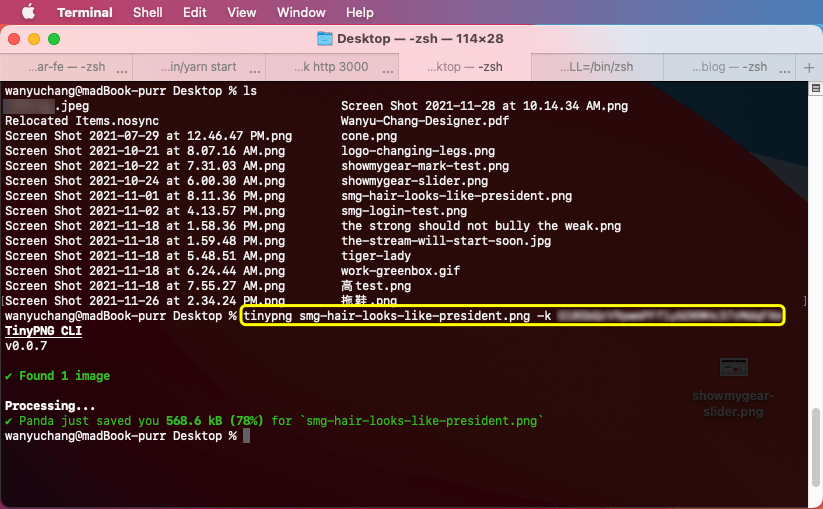 MacOS 的終端機畫面，顯示位於 wwwanyu 的 Desktop。顯示已輸入了 ls 指令列出 Desktop 上的檔案，以及顯示已輸入 tinypng 指令來壓縮圖檔，TinyPng 回傳 Panda just save you 568.6 KB for `smg-hair-looks-like-president.png`
